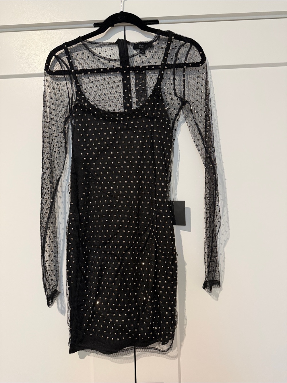 Lulu's Black Studded Mesh Long Sleeve Mini Dress